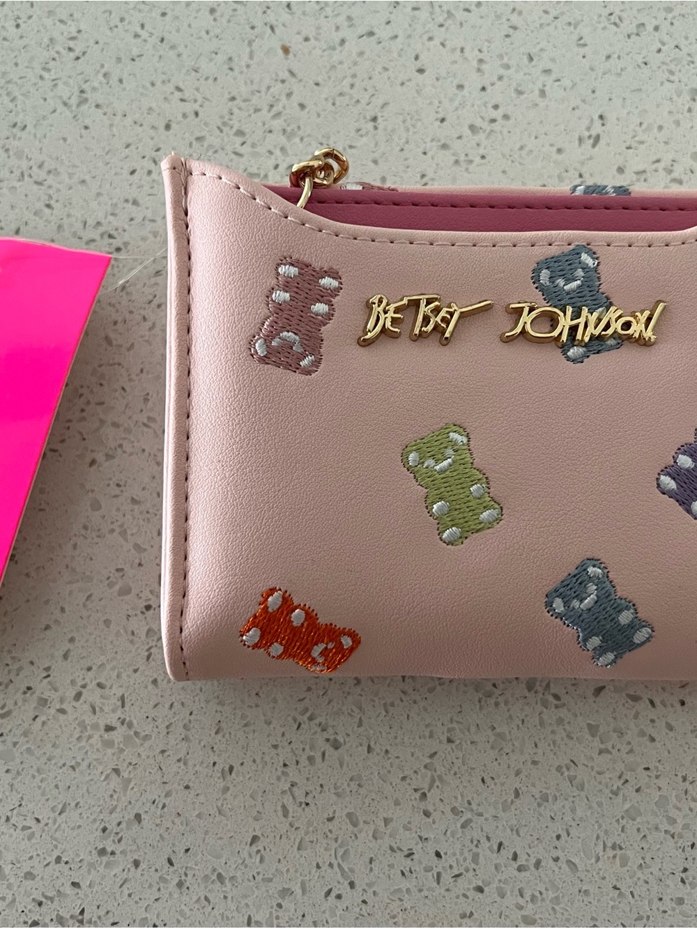 Betsey Johnson Pink Wallet with Multicolor Gummy Bear Embroidery